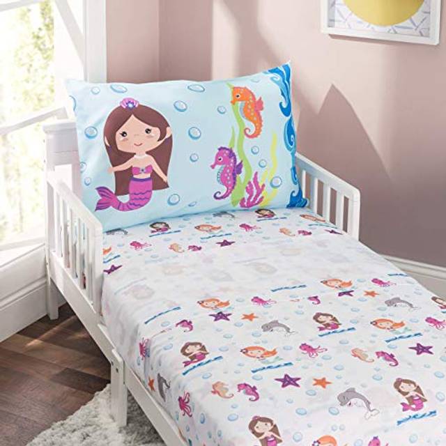 EVERYDAY KIDS 3-Piece Toddler Fitted Sheet  Flat Sheet and Pillowcase Set - Mermaids Undersea Adventures - Soft Breathable Microfiber Girls Toddler Sh