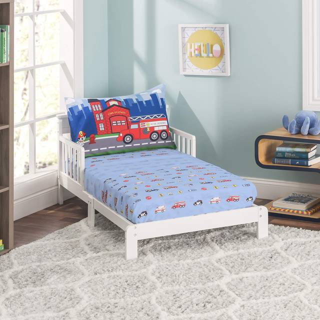 EVERYDAY KIDS 3-Piece Toddler Fitted Sheet  Flat Sheet and Pillowcase Set - Police  Fire and Rescue - Soft Breathable Microfiber Boys Toddler Sheets S