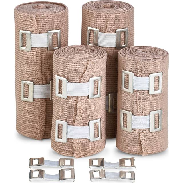 Elastisk kompressionsbandagelinda - Premiumkvalitet (set med 4) med krokar, Athletic Sport Support Tejprullar för ankel, handled, bandage Mått (2) - 4" x 5 Ft (2) - 3" x 5 Ft