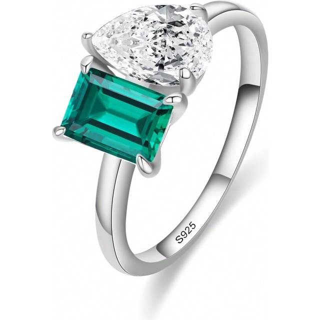 SHEIN 1pc 925 Sterling Silver Dazzling Green Rectangle Zirconia Water Drop Shape Rings For Women Luxury Wedding Fine Jewelry