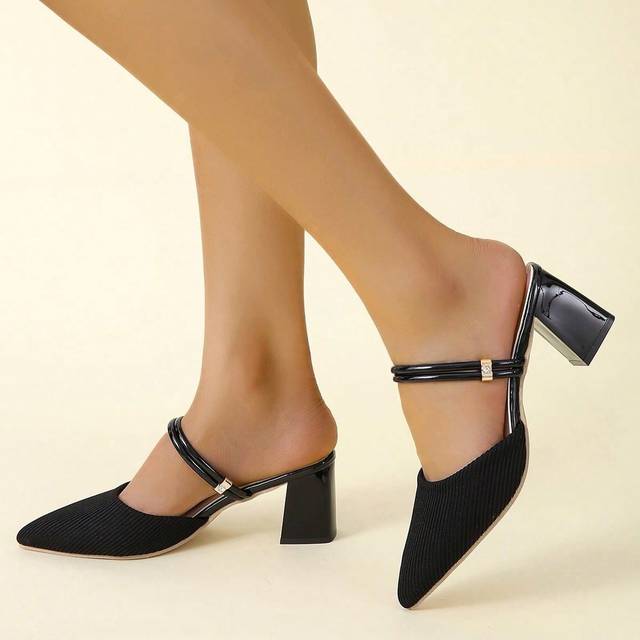 SHEIN Women Rhinestone Decor Point Toe Chunky Heeled Pumps, Elegant Outdoor Fabric Mule Pumps
