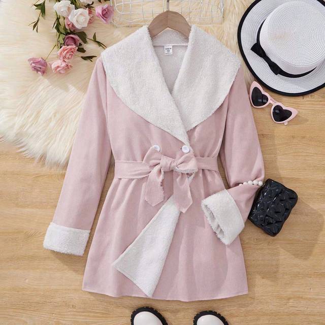 SHEIN Tween Girl Fuzzy Trim Double Breasted Belted Coat