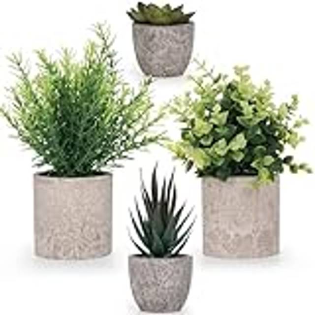 Winter Shore Små Gröna Konstväxter (4-pack) - Dekorativa Fuskväxter med Lantlig Känsla - Inomhus Krukväxt Dekor för Badrum & Kontorsbord - Eukalyptus & Suckulentväxter i Kruka för Hemmet
