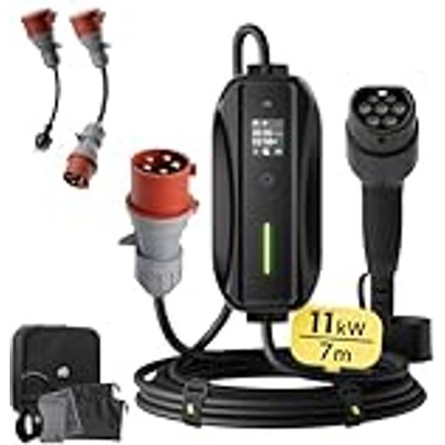 Mobil laddbox/laddstation 11kW [3-fas | 7 m | 6-16 A] med basadapterset, laddkabel CEE 16A till Typ 2 och EV-laddare för Model Y/3, ID.3/4/5, MG4, EX30, e-up, e-tron, Zoe och andra elbilar