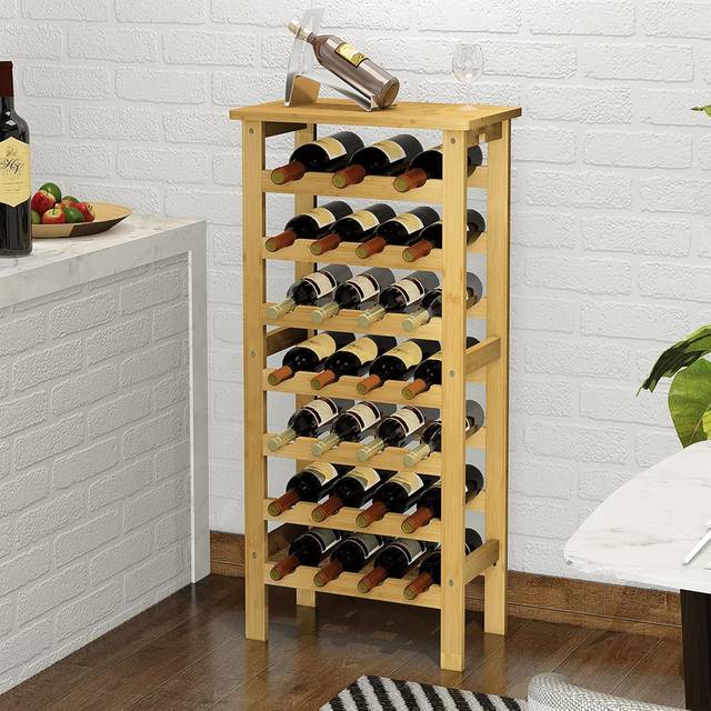 Bamboo Wine Rack Free Standing, 7-Tier 27 Bottles Wine Holder Display Storage Shelves with Table Top