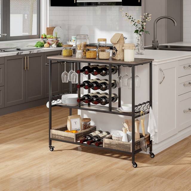 Alys Metal Bar Cart - Oak Wood (91cm H X 100cm W X 15.75cm D)