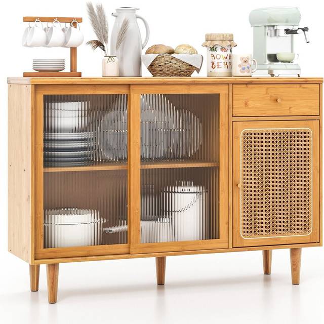 Kitchen Buffet Sideboard Storage Cabinet Cupboard W/ Tempered Glass Sliding Door - Tan (83cm H X 120cm W X 13.8cm D)