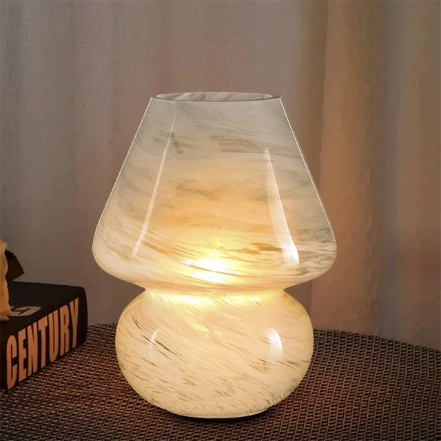 Mushroom Lamp Cordless, Battery Operated Table Lamps, Glass Nebula Table Lamps, LED Night Lights For Bedroom/Party/Corner (White) (19cm H X 15cm W X 15cm D)