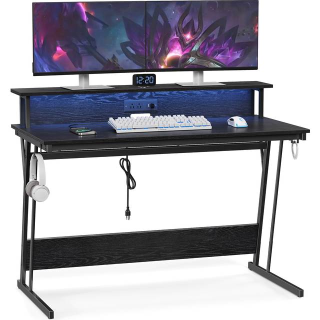 Computer Desk with LED Lights and Built-In Power Outlets, Ebony Black / 60 x 100 x 76 cm