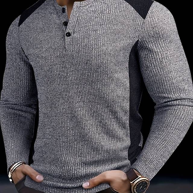 TEMU Men's Slim-fit Ribbed Henley Shirt - Casual Two- Block, Long Sleeve With Button Detail, Stretch Polyester Blend, Machine Washable For Outdoor & Casual Attire