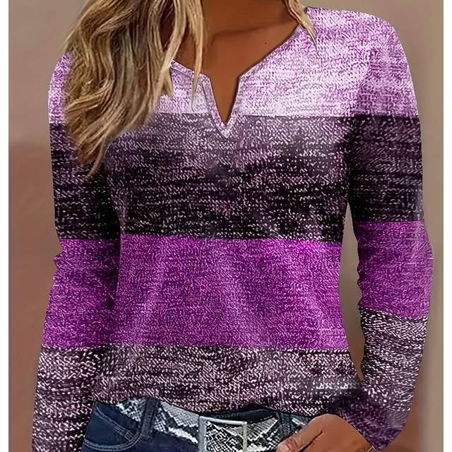 TEMU Women's Casual V-neck Long Sleeve T-shirt - Color Block Striped Design, Machine Washable Fall Fashion Top, Ladies T Shirts, Shirt