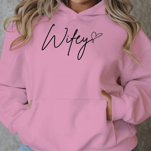 TEMU Plus Size Women's Wifey Sweatshirt, Casual Pullover With Letter Print, Round Neck, Long Sleeve, Hoodie, Polyester, Stretch Fabric, Autumn/, With Pockets