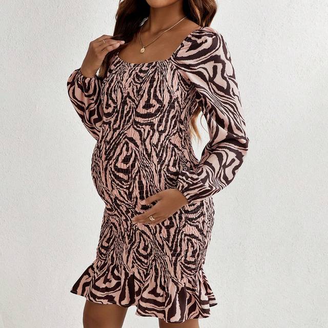 SHEIN Maternity Zebra Striped Print Square Neck Ruffle Hem Dress