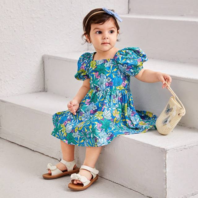 SHEIN Baby Girls&#39; Casual Square Neck Bubble Short Sleeve Dress With Floral Pattern