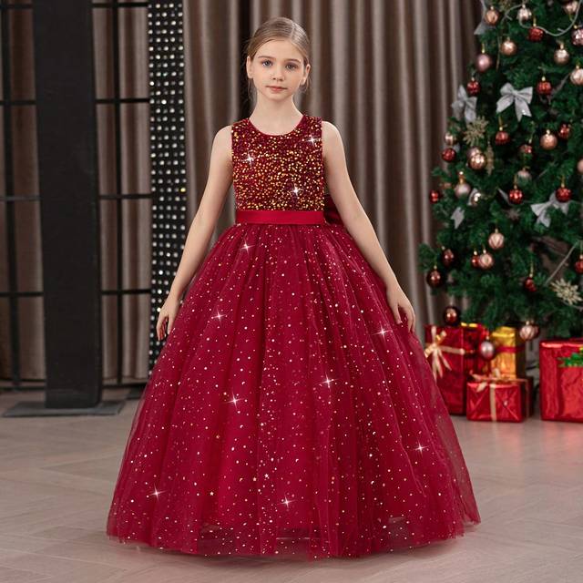 SHEIN Tween Girls Sequins Bow Tulle Elegant Princess Dress, Birthday Party Wedding Flower Girl Bridesmaid Prom Gown For Important Occasions And Festivals