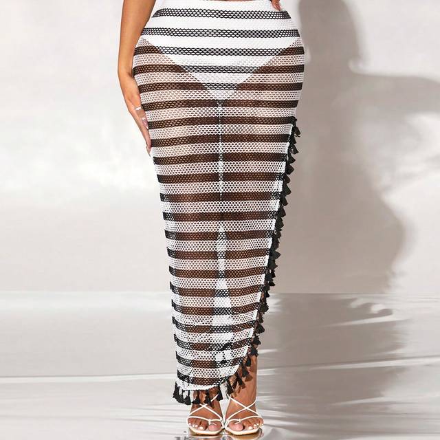 SHEIN Striped Pattern Tassel Trim Split Thigh Mesh Skirt With Panty