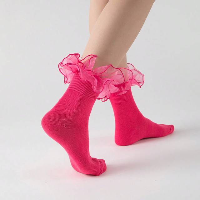 ROMWE Women 3D Floral Trim Sweet Crew Socks