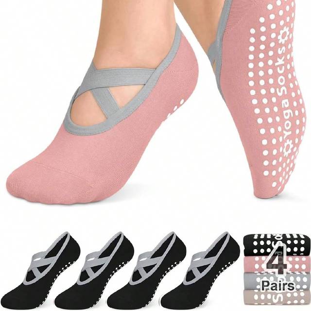 SHEIN 4 Pairs Women&#39;s Pilates Non-Slip Socks, Pilates Sticky Socks With Grip Toes For Yoga, Running And Workout, Gym