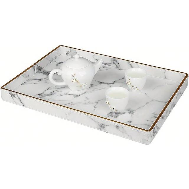 SHEIN Large Rectangular Gold Rimmed White Marble Pattern Serving Tray, Decorative Tabletop Accessory