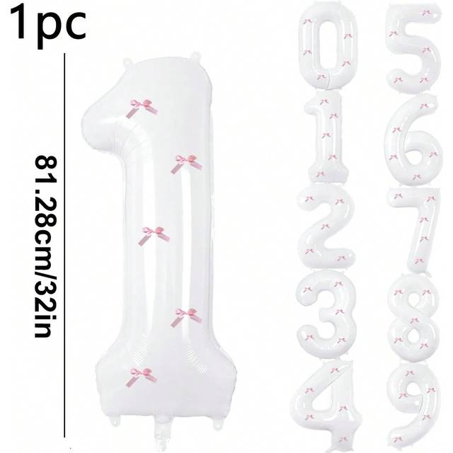 SHEIN 1pc White Number Balloon With 5pcs Pink Bowknot,32 Inch Large Foil Number Balloon 0-9 For Happy Birthday Party,Anniversary Decoration