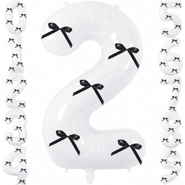 SHEIN 32 Inch White Large Numbers Balloons 0-9,Number Balloons With Black Bow,Foil Mylar Big Number Balloons For Birthday Party Supplies Decorations