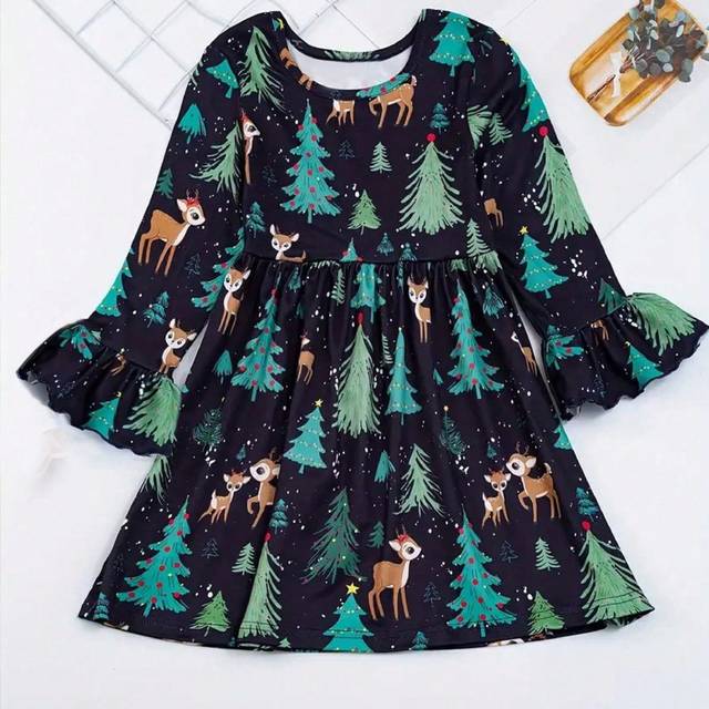 SHEIN Sweet Girl Fawn Christmas Tree Print Crew-Neck Dress Tween Girl Christmas Dress Party Tween Girl Clothes