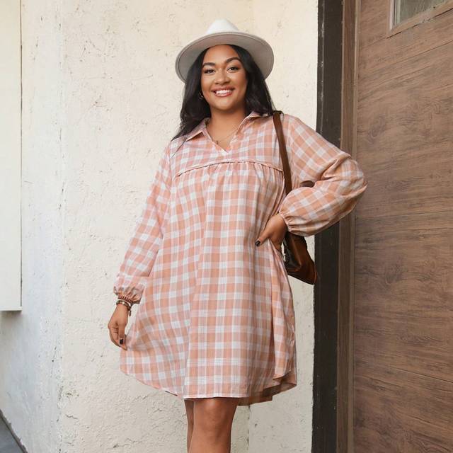 Wildy Plus Size Sweetness Plaid Babydoll Dress Christmas Women Dress,Thanksgiving Casual Everyday Wear,Plaid Long Sleeve Babydoll Mini Dress,Country Casual
