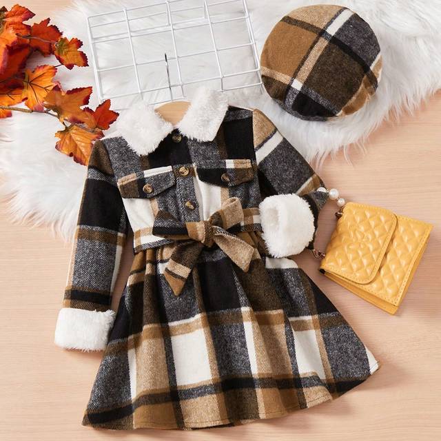SHEIN Baby Girl Plaid Print Borg Collar Flap Detail Belted Dress & Hat, For Christmas