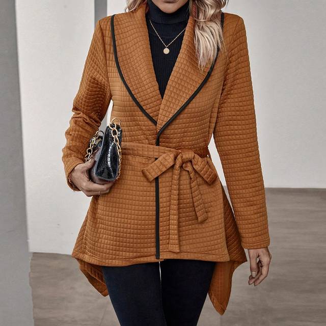SHEIN Shawl Collar Contrast Trim Coat With Waist Belt