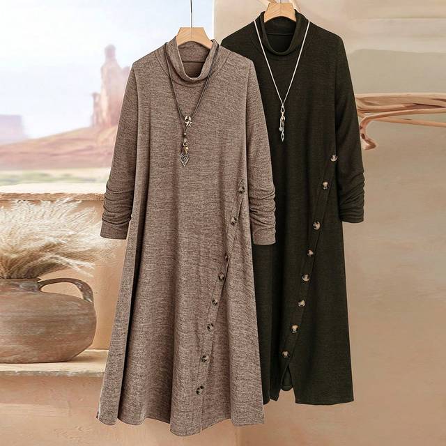 Rusticease Plus Size Women&#39;s Solid Color Turtleneck Long Sleeve Button Design Loose Casual Midi Dress, Autumn