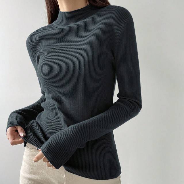 DAZY Solid Stand Collar Rib Knit Jumper
