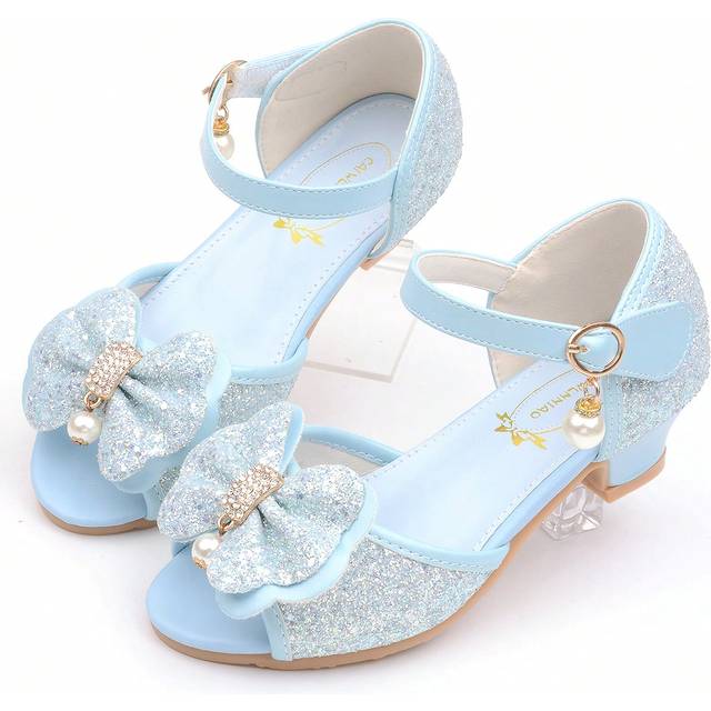 SHEIN Little Girls&#39; Crystal High Heels Princess Dress Sandals With Bow, Glitter Light Blue Party Shoes