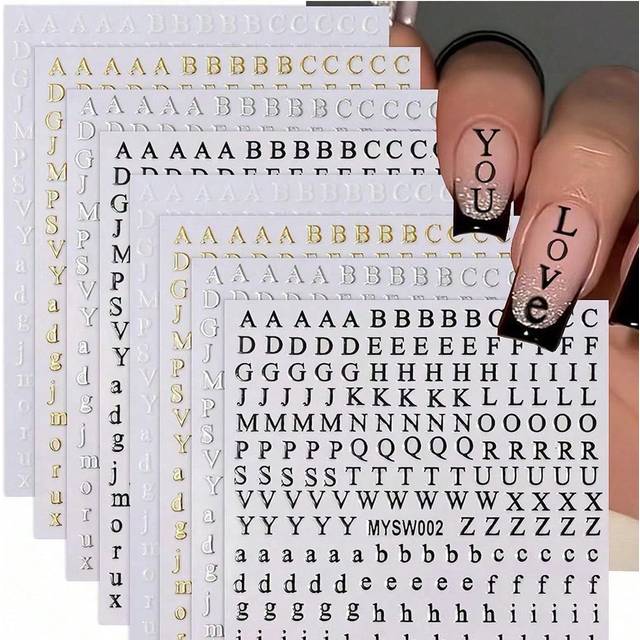 SHEIN 8 SheetsLot Letters Nail Art Stickers English Alphabet Nail Decals 3D Self-Adhesive Metallic Golden Silvery Nail Sticker Black Alphabet Nail Art Suppl