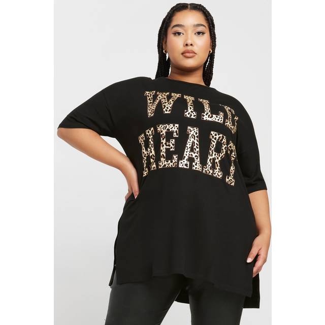 Yours Plus Size Black 'Wild Heart' Slogan Oversized Tshirt Size 30-32