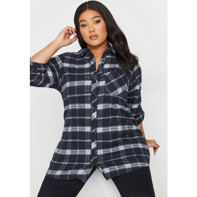 Yours Curve Blue & Black Check Brushed Boyfriend Shirt, Women's Curve & Plus Size, Yours - 34-36