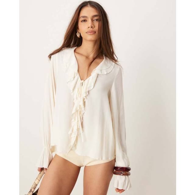 New Look – Naturvit blus med volang framtill-Vit/a