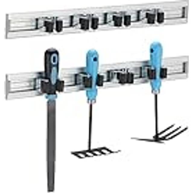 2x Tool Holder Wall Mount, Broom Rack, 4 Clamps Each, Garden Equipment, 5.5 x 48.5 x 4.5 cm, Aluminium, Silver - Relaxdays