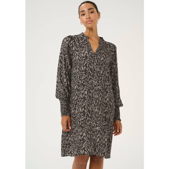 Kaffe, Klänning, Dam, L, Grafiska Linjer Klänning med Smock Manschetter - multicolor (L)