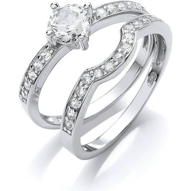 (P) Jewelco London Ladies Rhodium Sterling Silver Cubic Zirconia Solitaire Eternity Curve Shaped Fit Bridal Rings Set