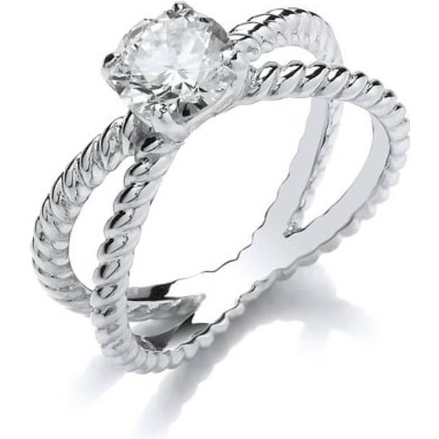 (Q) Jewelco London Ladies Rhodium Plated Sterling Silver Cubic zirconia Split Rope Twist Solitaire Engagement Ring