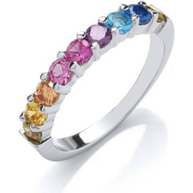 (P) Jewelco London Unisex Rhodium Plated Sterling Silver Multi Colour Cubic Zirconia Rainbow Half Eternity Ring 3mm