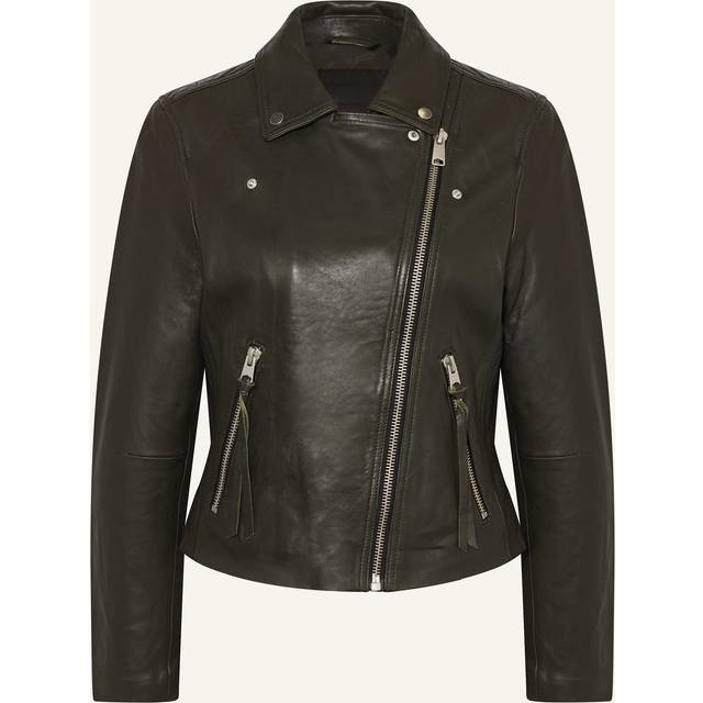 Dalby Leather Biker Jacket - Rosin Green - Founded in London in 1994, AllSaints has been crafting iconic leather pieces for decades. As well as statement jackets, biker boots, and accessories, the brand’s everyday items offer a dose of attitude with distressed detailing, daring prints and the signature Ramskull logo.