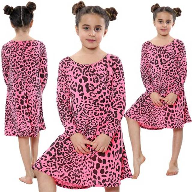 (9-10 Years, Neon Pink) Kids Girls Leopard Print Swing Dress Trendy Top