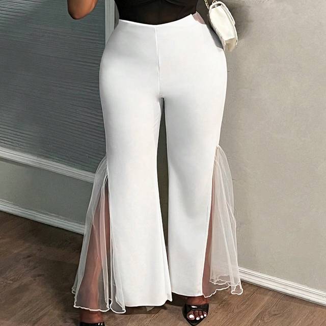 Slaydiva Plus Size Women Elegant Solid Color Patchwork Sheer Mesh Flare Leg Pants