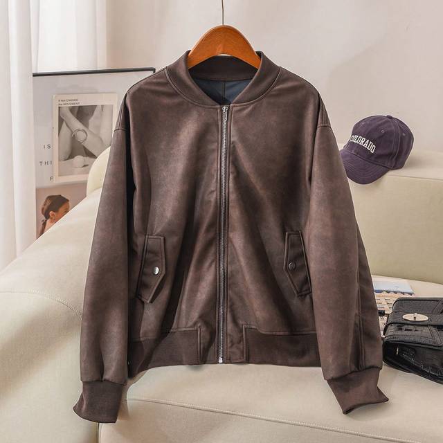 SHEIN Plus Size Casual Retro Distressed PU Bomber Jacket
