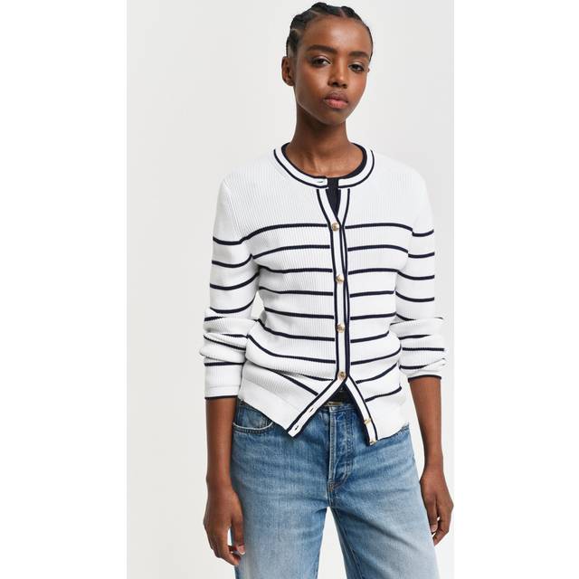 GANT Dam Ribbstickad kofta med marina ränder (XL)