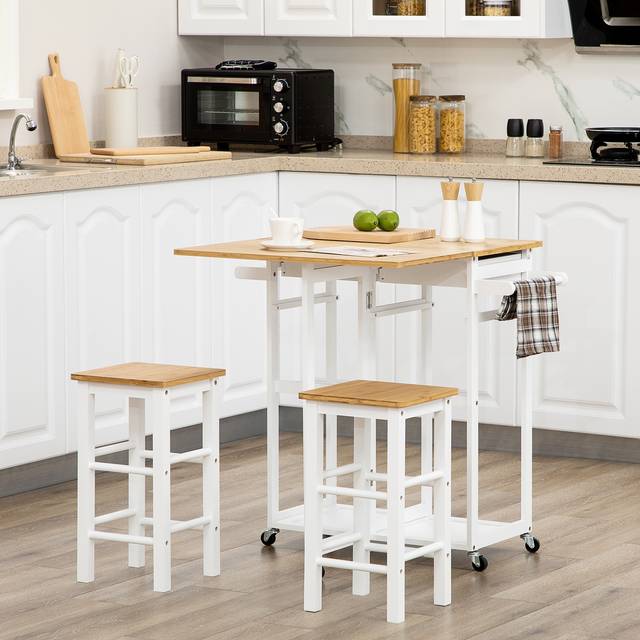 TEMU Kitchen Island Set With 2 Stools, Bamboo Breakfast Cart With Drop Leaf Top, Drawers And Towel Rack, Rolling Kitchen Cart And Chairs Set, White