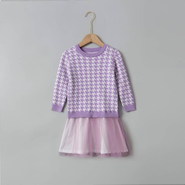 SHEIN Toddler Girls 2 In 1 Houndstooth Pattern Mesh Hem Jumper Dress
