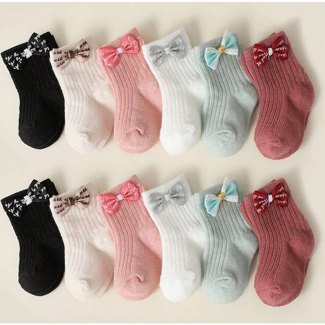 SHEIN 12 Pairs Baby Girl Princess Socks, Cotton Breathable Short Socks With Bow Decor, Suitable For All Seasons