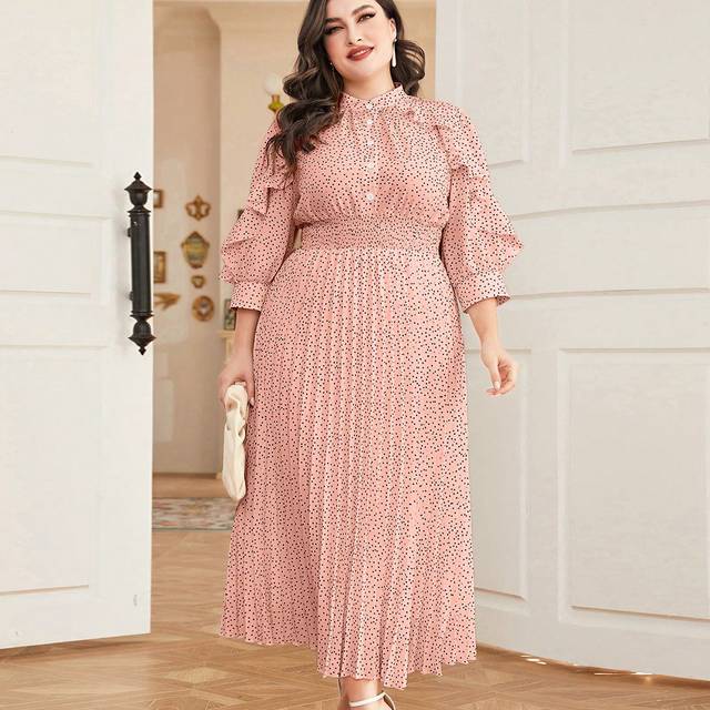 Mulvari Plus Polka Dot Print Ruffle Trim Pleated Hem Dress Maxi Women Outfit